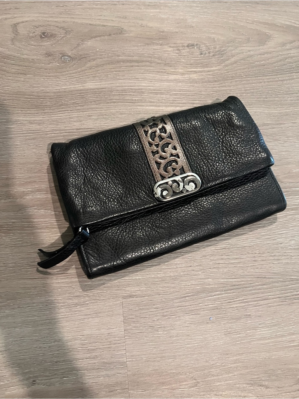 Brighton Black Leather Fold-Over Clutch with Filigree Metal Accent